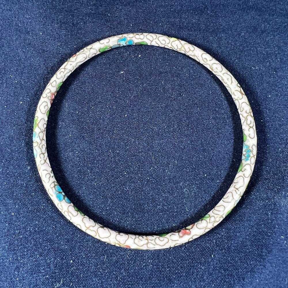 Vintage Cloisonne Bangle Bracelet White Multicolor Floral Gold Accents For Women